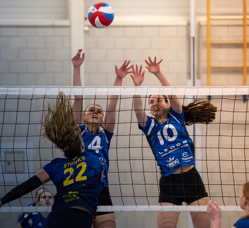Volleybalspeelsters springen bij het net voor een blok